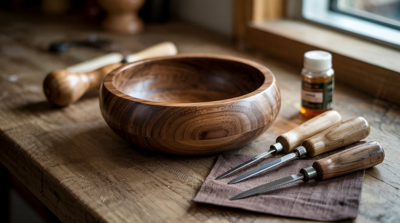 a wooden bowl with a knife
