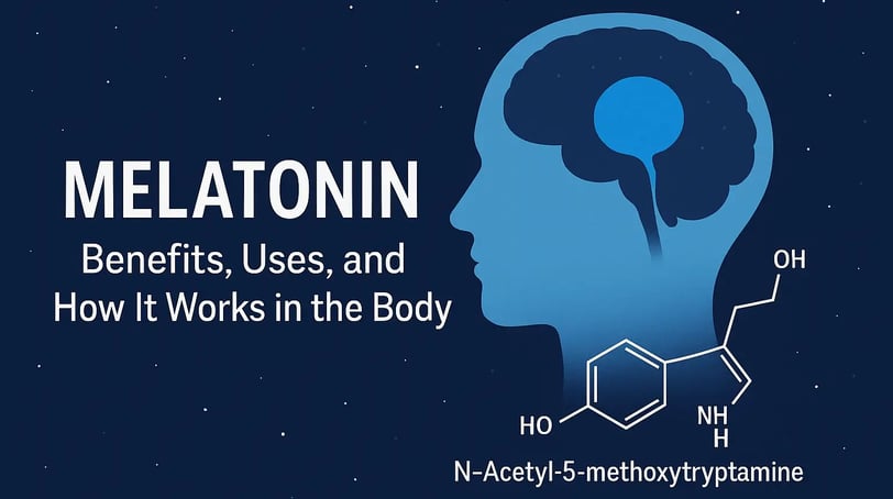 Illustration of melatonin production in the brain showing the pineal gland and chemical structure