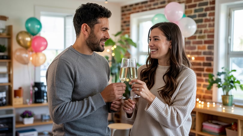 a man and woman holding champagne flutes in a living room