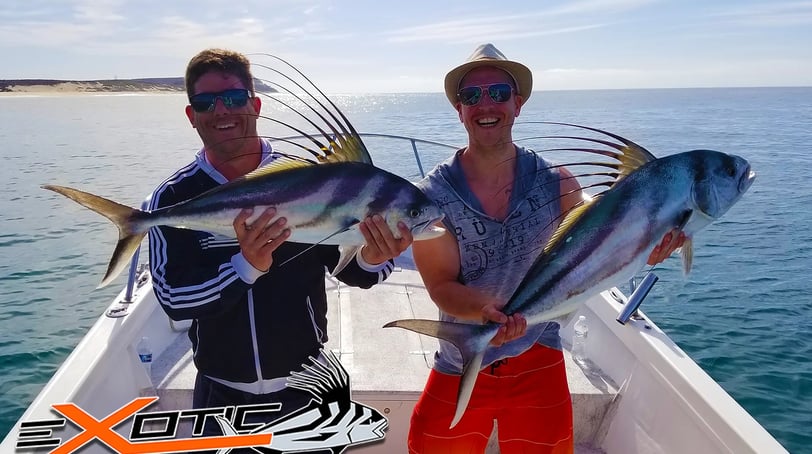 two men holding fish on a boat in the ocean