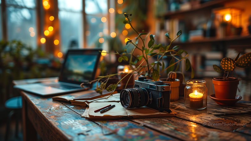 a camera and a laptop on a table