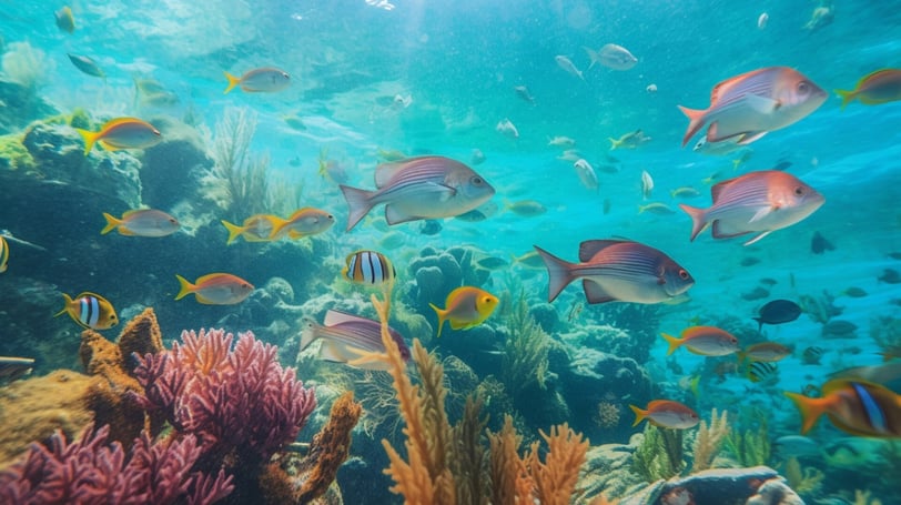 a group of fish swimming in the ocean