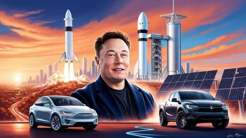 a famous entrepreneur in a black jacket and a car with a rocket on it