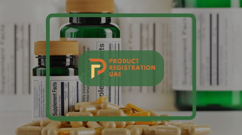 Product Registration UAE Logo with Supplements Facts and Rules in background