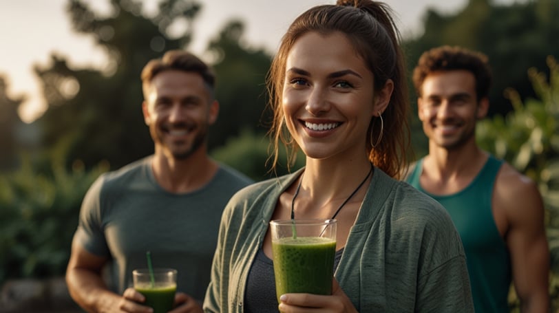 Smiling group of people outdoors, holding wild greens smoothies.