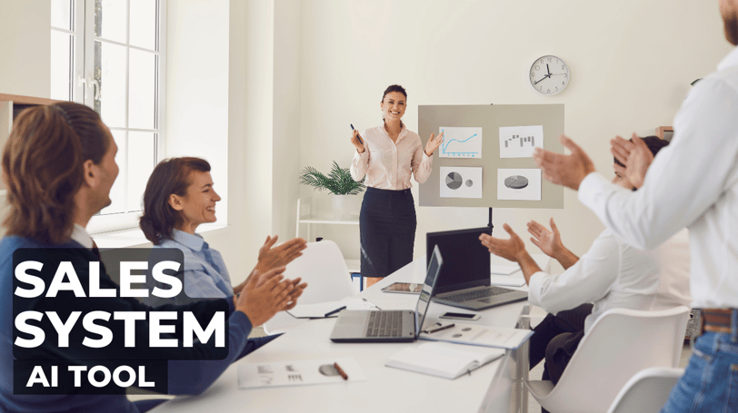 A woman standing and teaching about sales while her colleagues clapped hands