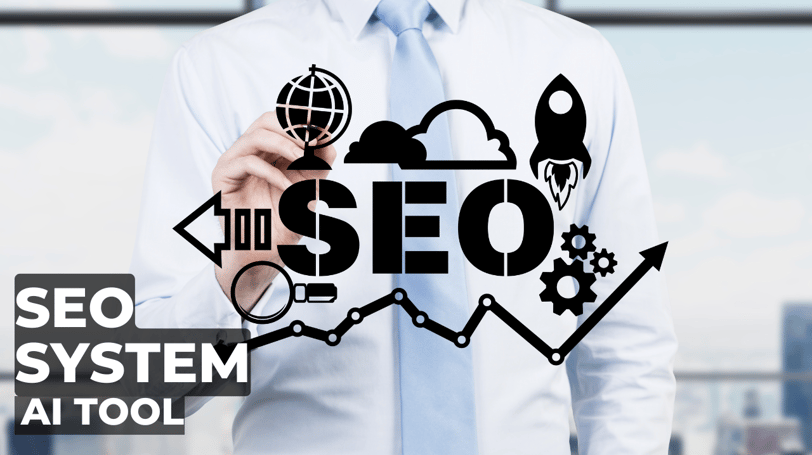 a man in a white shirt standing and pointing to an SEO symbol