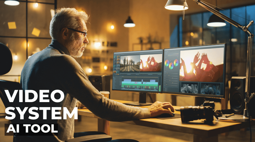 a man sitting at a desk editing video at the screen