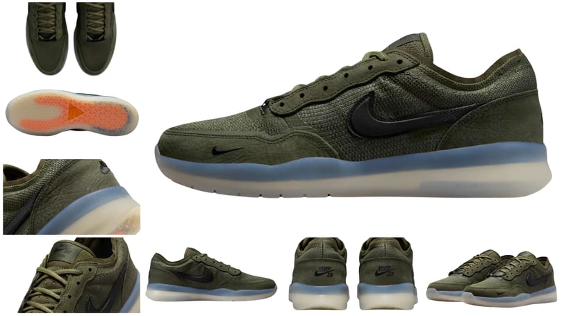 a picture of a pair of sneakers with a green and off-white sole, Nike SB PS8