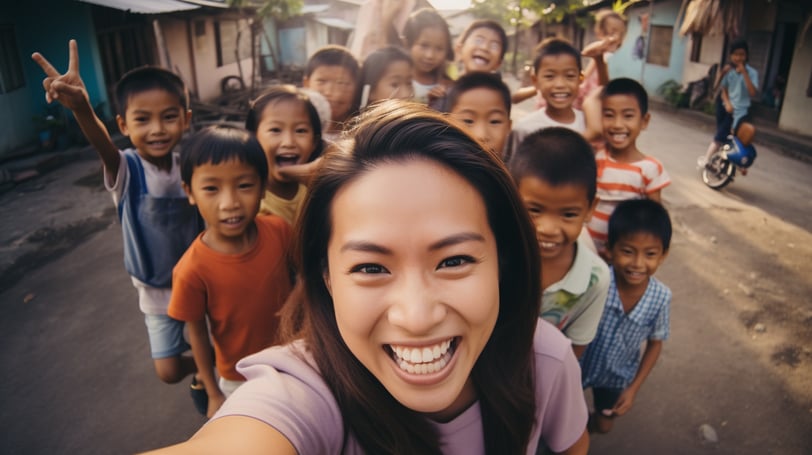 A Western tourist taking a selfie stick photo with the local kids of the Philippines.