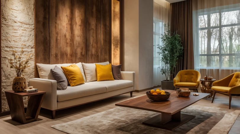 Cozy living room with warm palette and sofa, featured by Regal Touch Home.