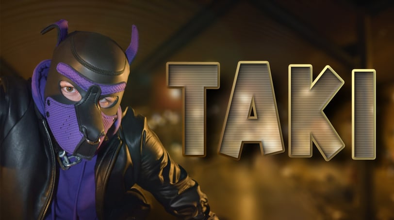 Man in pup hood with name header: TAKI