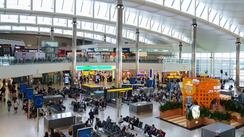 The departure hall of Heathrow Airport, the main international airport serving London