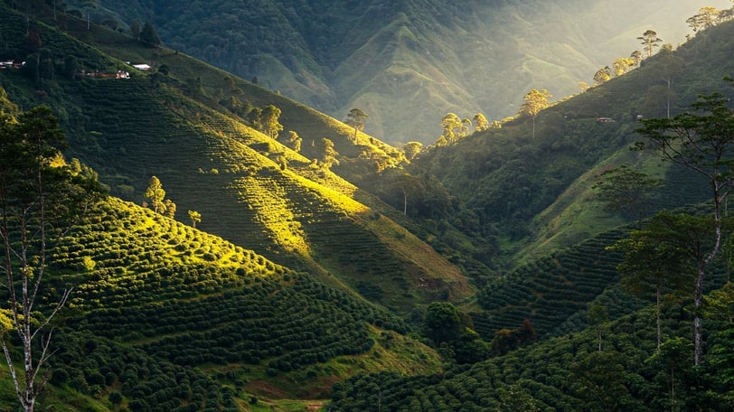 a mountain view of a valley with a sunbeaming