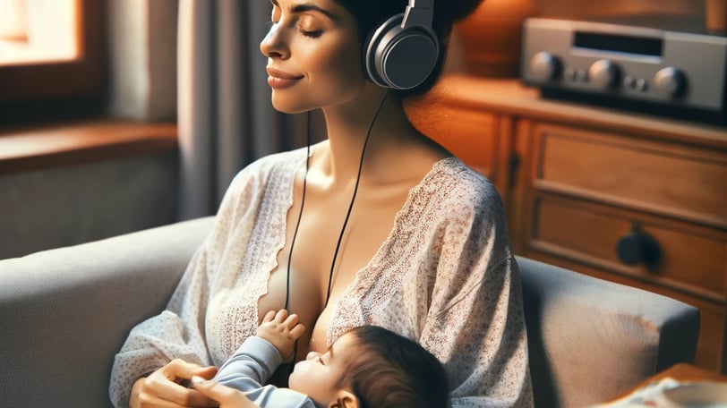 a woman with headphones and headphones on a couch