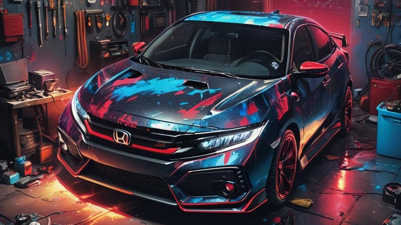 a car in a garage with a car in the background