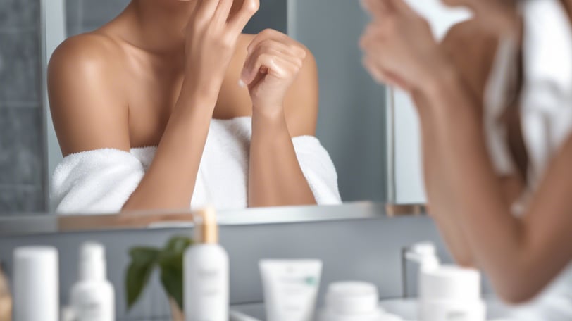 woman in white tank top in bathroom applying moisturiser