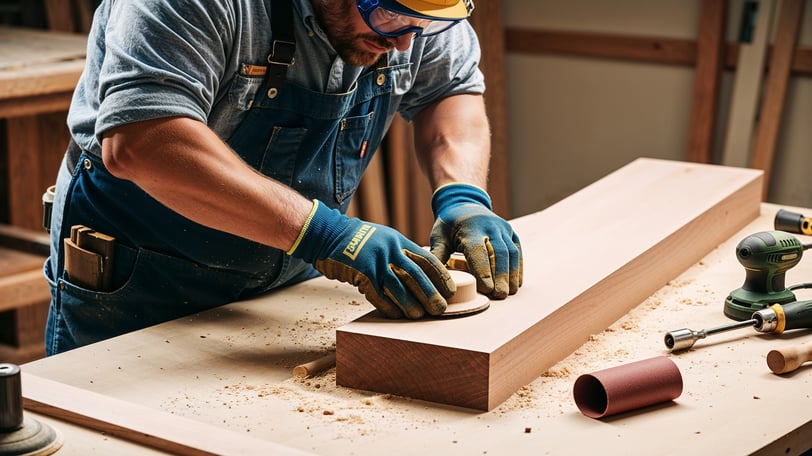 A woodworker wearing safety goggles and gloves, working on sanding a wooden piece.