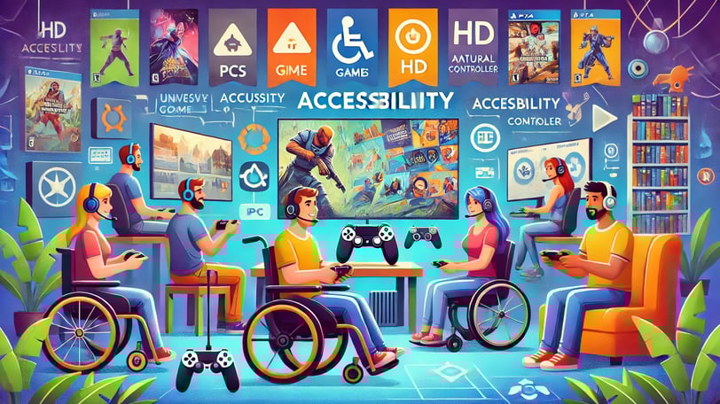 jogadores mostrando diversos em um hub inclusivo de jogos, com recursos como legendas em telas 