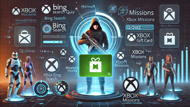 jogador utilizando estratégias como buscas no Bing, quizzes diários e missões do Xbox para acumular 