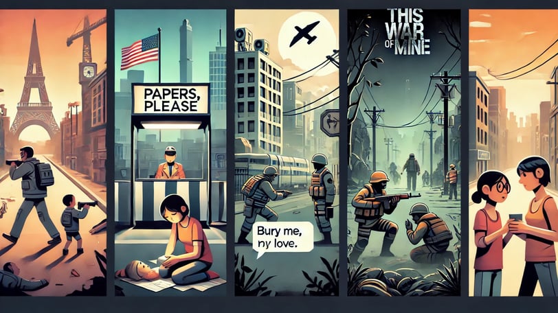 Representação visual de jogos ativistas como Papers, Please, This War of Mine e Bury Me, My Love