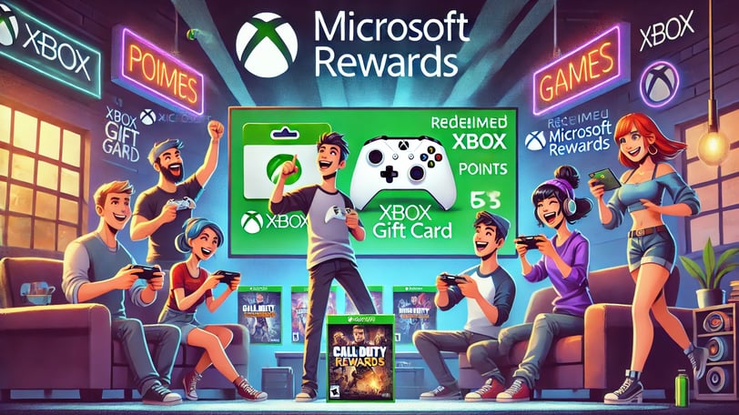 jogadores felizes compartilhando conquistas com Microsoft Rewards, exibindo cartões-presente, jogos 