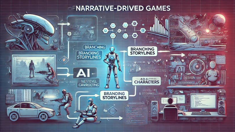 Ilustração dos aspectos técnicos dos jogos narrativos com IA, enredos ramificados e design de níveis