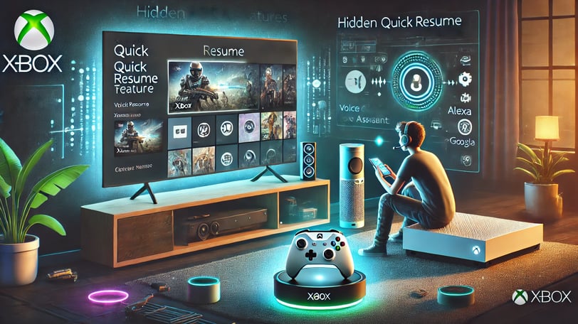 jogador explorando recursos ocultos do Xbox, como Quick Resume, integração com smartphone e assisten