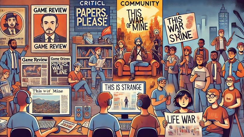 Representação da recepção crítica e comunitária de jogos ativistas, com cenas de análises, debates 