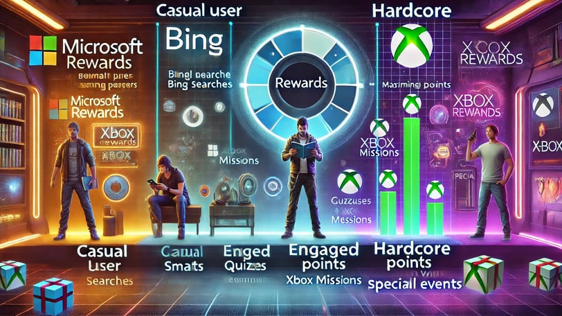 ganhos no Microsoft Rewards entre usuários casuais, engajados e hardcore, destacando diferente