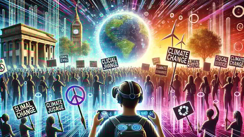 protestos simulados em VR, com hologramas e mensagens de justiça social e igualdade.