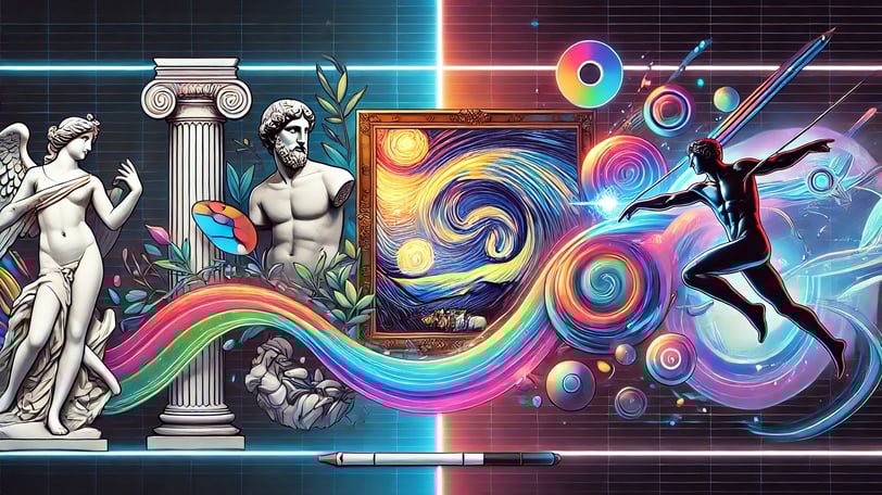 transição da arte tradicional, com uma escultura de mármore, para arte moderna e futurista