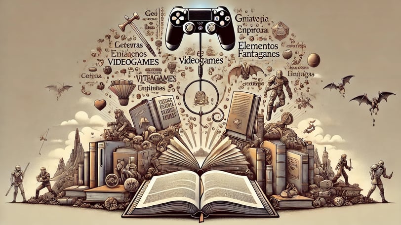 livros abertos e palavras flutuando que se transformam em elementos de jogos, como paisagens