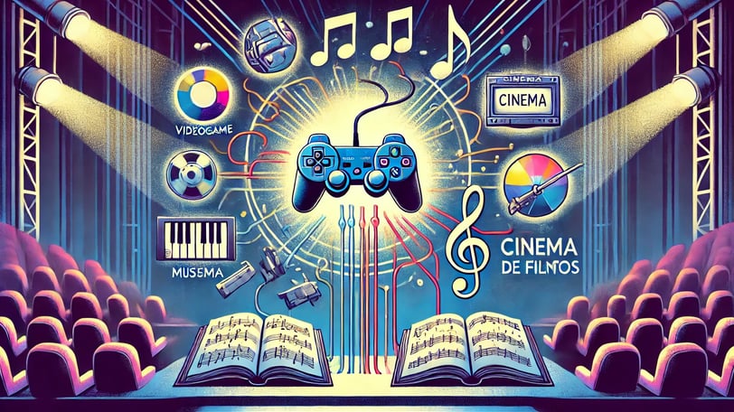 console de videogame central, com conexões em forma de luzes irradiando para notas musicais