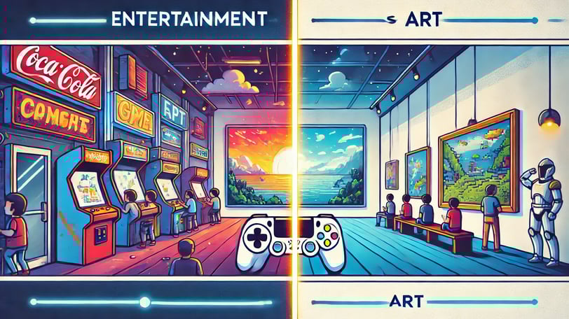 dualidade entre jogos como entretenimento, com um arcade movimentado, e como arte, com uma galeria