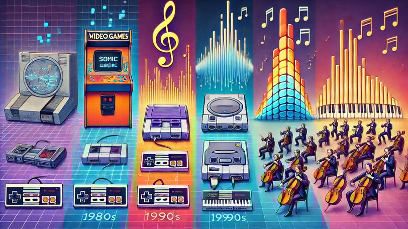 Ilustração horizontal destacando a evolução das trilhas sonoras de jogos.
