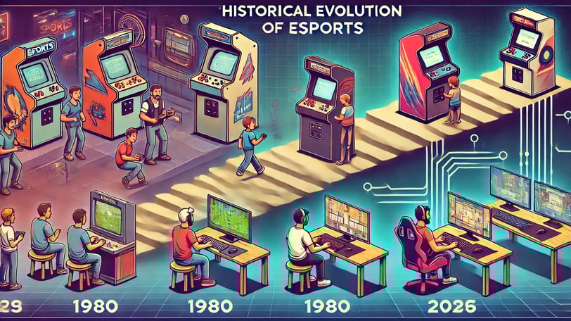 Um cenário progressivo com jogadores em máquinas de arcade de um lado e competições de eSports 