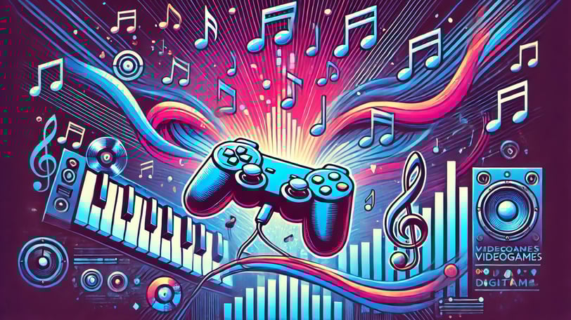 console de videogame no centro, emitindo ondas sonoras que se transformam em notas musicais
