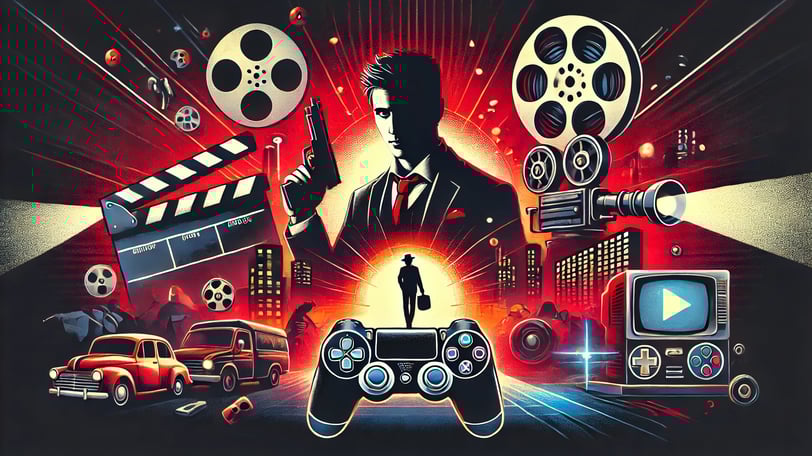 rolos de filme e câmeras ao redor de um personagem icônico de videogame segurando um controle,