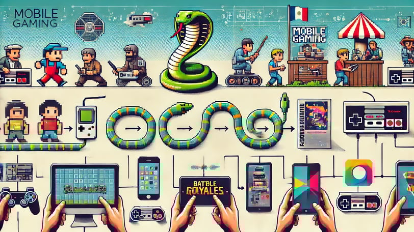 história e evolução do mobile gaming, com destaque para marcos como Snake, apps de jogos e battle