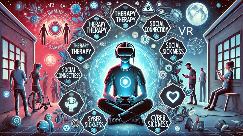 Jogador em um ambiente virtual com ícones destacando benefícios como terapia e socialização, e risco