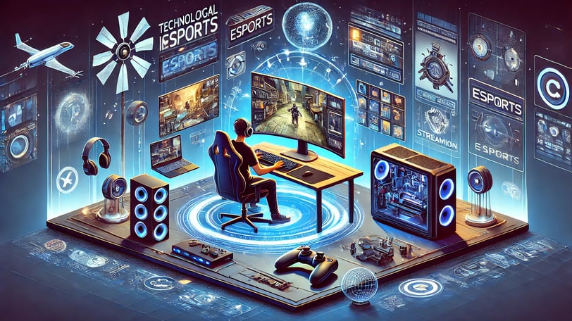 Um jogador imerso em um ambiente futurista com tecnologia avançada de jogos, incluindo hologramas