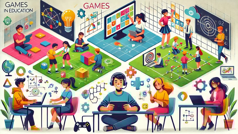 Estudantes engajados em atividades educacionais por meio de jogos, como resolução de quebra-cabeças 
