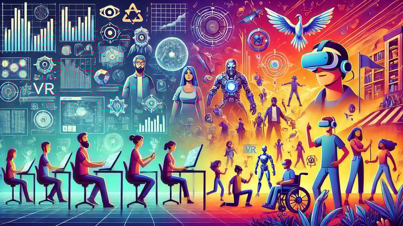 à esquerda, um grupo diverso de desenvolvedores trabalhando com ferramentas holográficas
