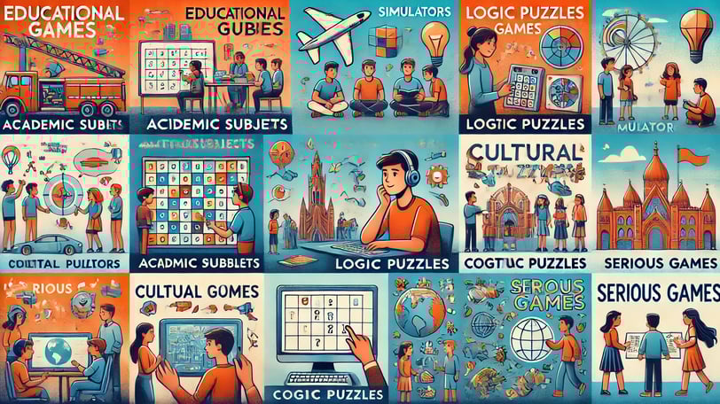 Categorias de jogos educativos ilustrados: jogos de disciplinas acadêmicas, simuladores, etc.