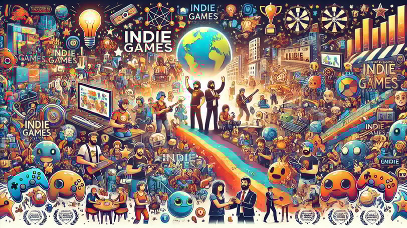 sintetiza o impacto dos jogos indie, destacando desenvolvedores, fãs e a criatividade contínua