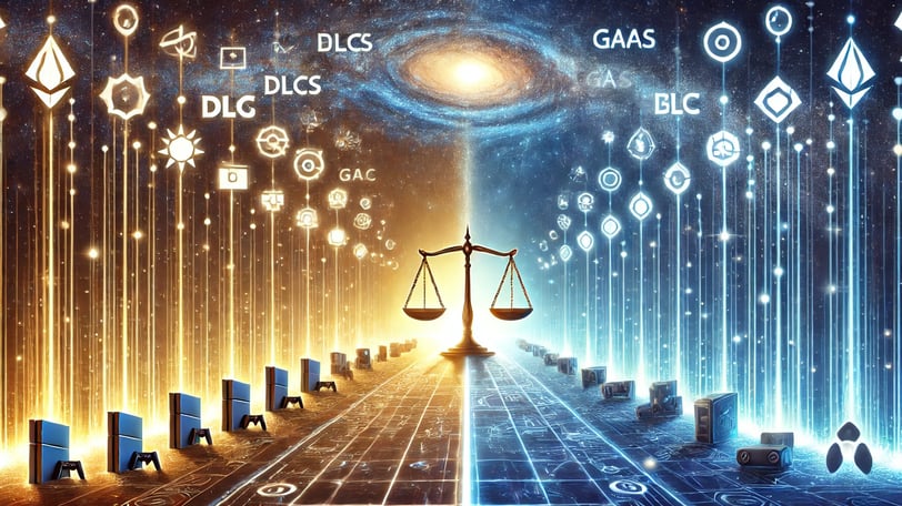 trilha com ícones de monetização e consoles, terminando em uma balança equilibrada contra um céu