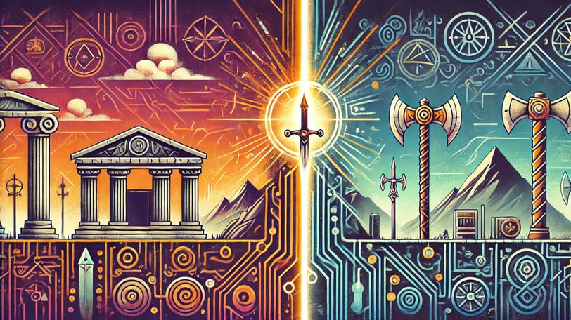 Linha do tempo abstrata mostrando a transição da mitologia grega para a nórdica em uma franquia.