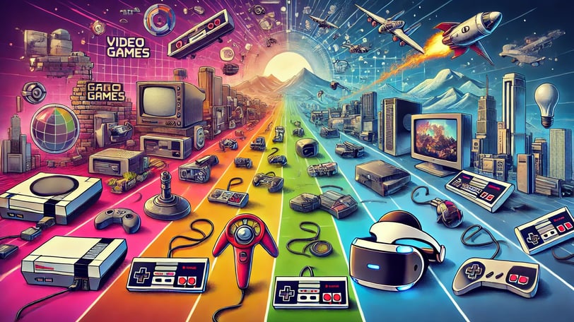 Uma ilustração mostrando a evolução dos jogos, de gráficos pixelados a mundos hiper-realistas.