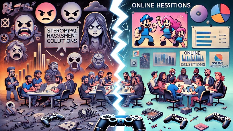 à esquerda, uma cena sombria com personagens estereotipados e símbolos de assédio online